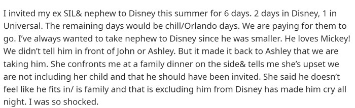She goes into the bulk of the story where she talks about the Disney invite and how her brother's girlfriend was upset about the decision.