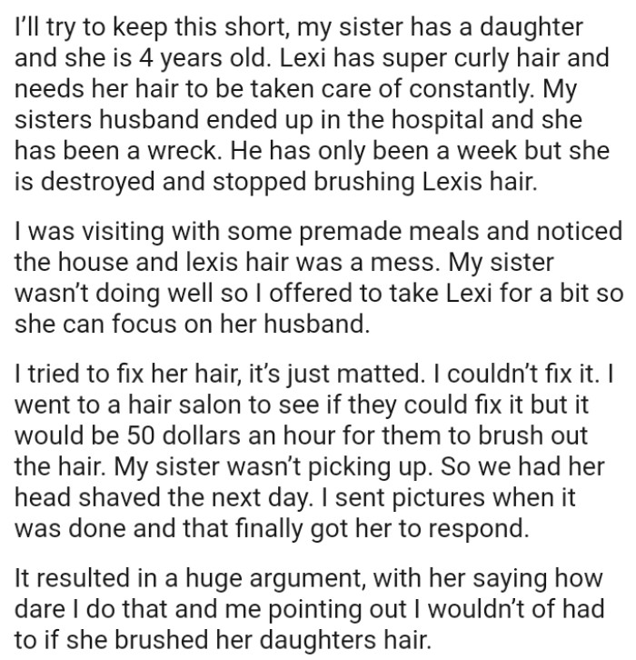 OP's sister wasn’t doing well so she offered to take her daughter for a bit so she can focus