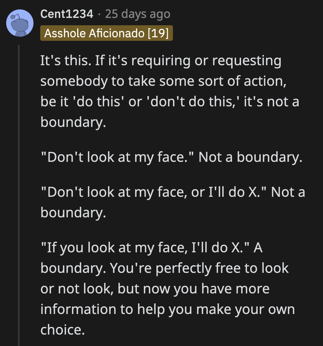 Another commenter explained how J's request (command) could have been an actual boundary.
