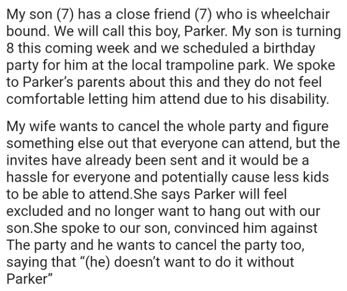 OP's wife wants to cancel the whole party and figure something else out that everyone can attend