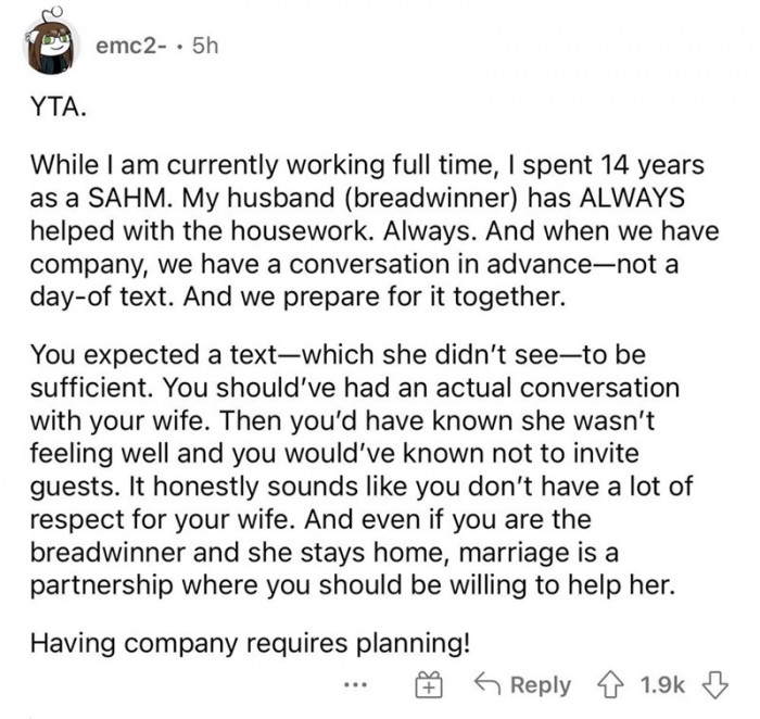 You should have had an actual conversation with your wife
