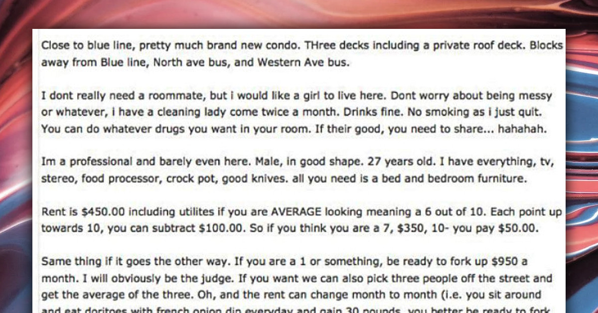 Redditor Shares Post Where Man Is Asking For A Roommate, But He's Pricing The Rent Based On The Female Roommate's Looks