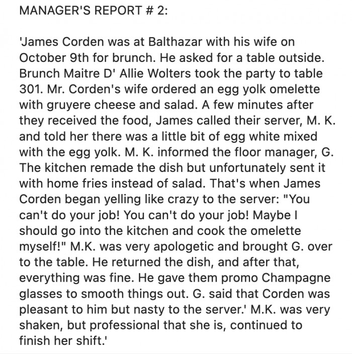 In October, his most recent visit to the restaurant, he was also nasty towards their server