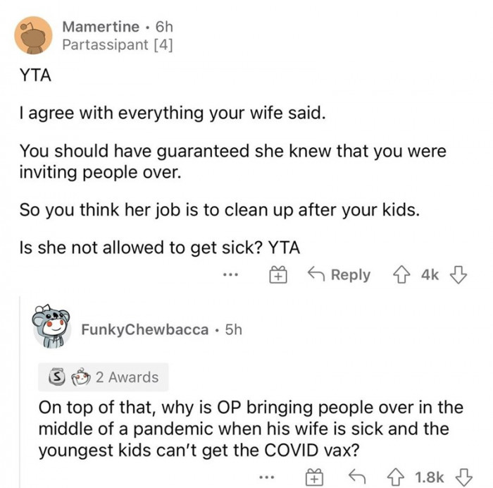 This commenter agrees with the OP's wife