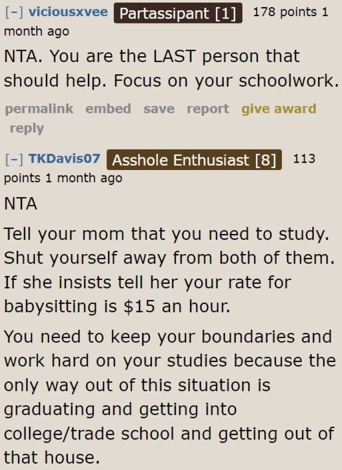 Redditors sided with the OP, telling the teenager that she should focus on her self an not on her niece.