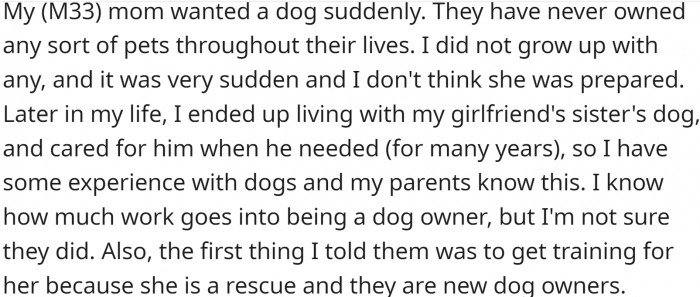 OP (M33) was surprised when his parents suddenly adopted a 1.5-year-old toy poodle (F) from Korea, as they had never owned any sort of pet before.