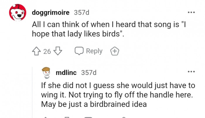 This Redditor hopes the lady likes birds