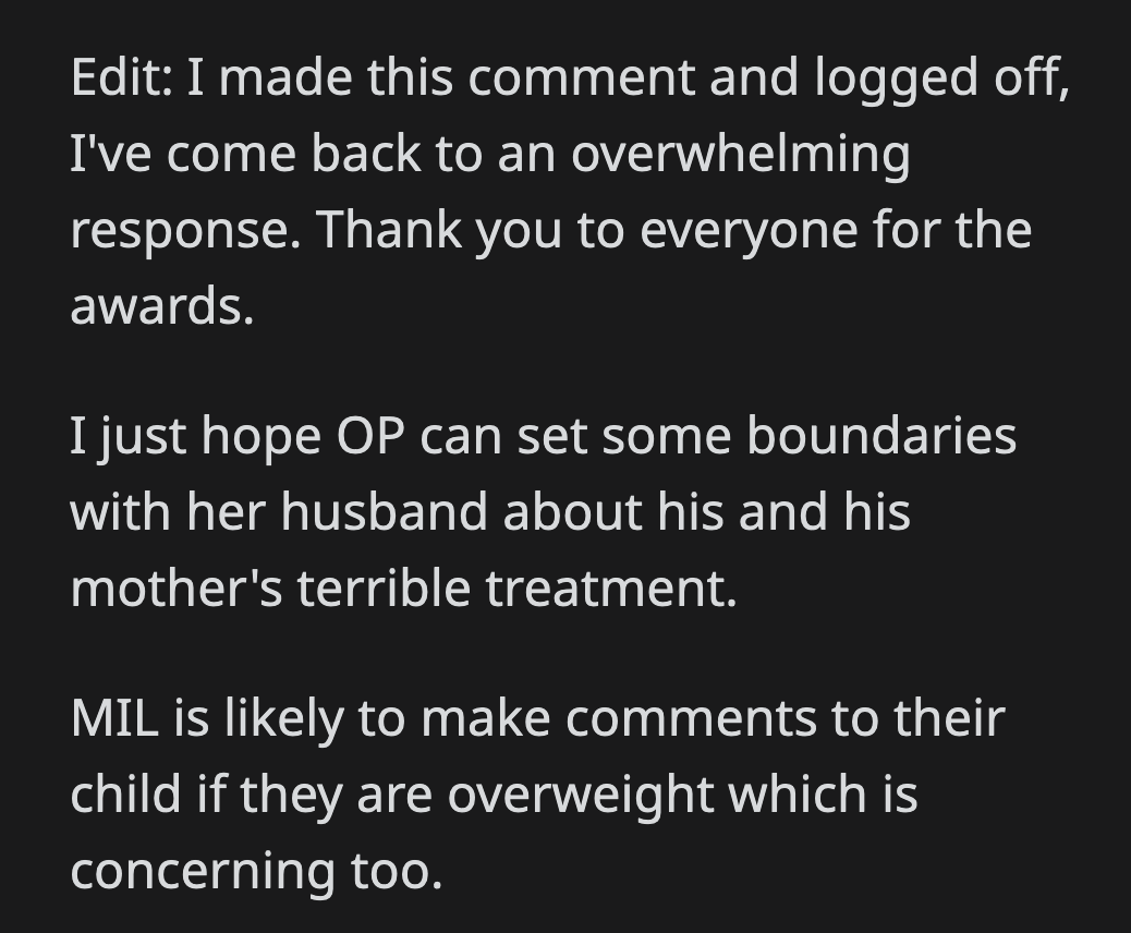 The commenter said OP's husband should step up to defend OP from his mom and his family before the fatphobic comments trickle down to their son.