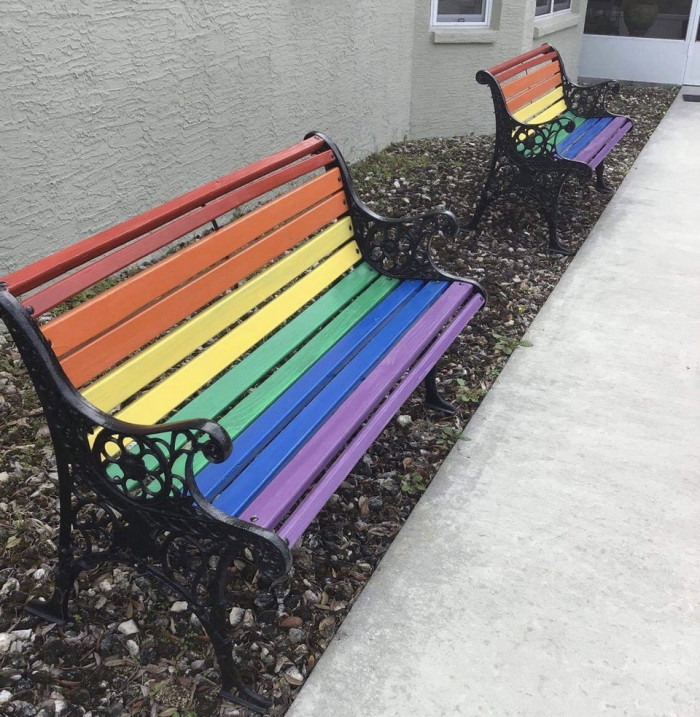 5. My grandma is 83 and lives in rural Florida where she is surrounded by anti-gay, right wingers. She just had her two front benches repainted in support of her three LGBTQ grandchildren (me and two cousins).