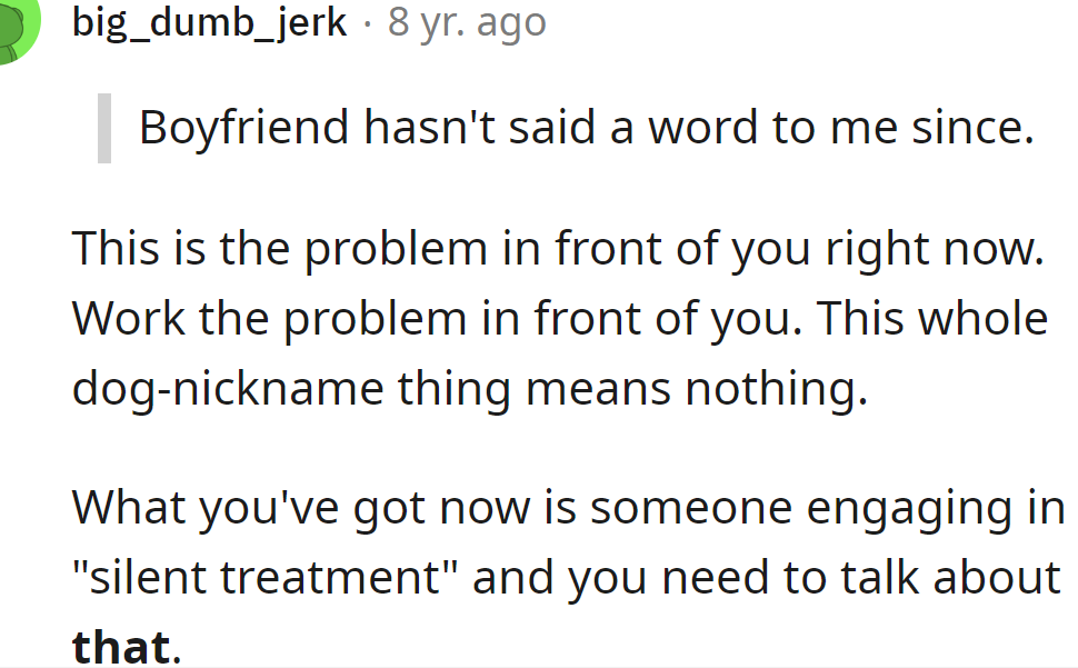 A Redditor said to the OP to talk with her boyfriend about his silent treatment