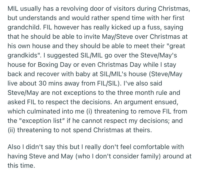 While OP’s MIL is fine with her terms, FIL is adamant that he should be able to invite his parents over — after all, it’s his house