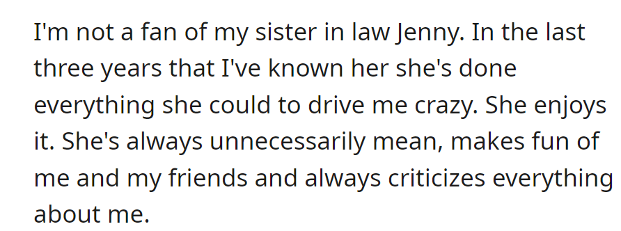 Jenny, OP's sister-in-law, has consistently mocked and criticized them over the past three years.