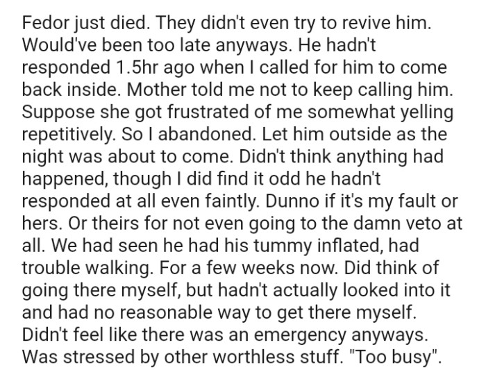 The OP said no one tried to revive the dog but still admitted that it would have been too late