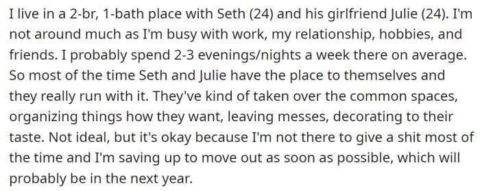 The OP explained she lives with Seth and Julie, but she is there 2-3 evenings each week due to her busy schedule: