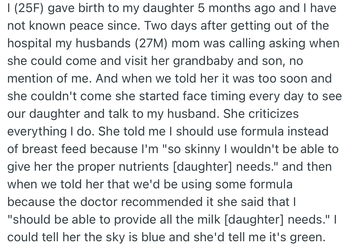 Since giving birth, OP has had no oeace from her mother in law. In her MIL’s eyes, everything  OP did was wrong and she criticized her constantly.
