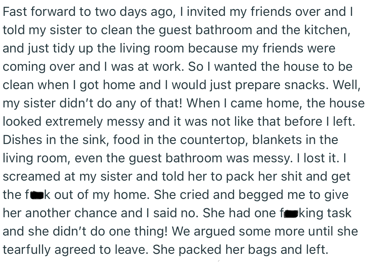 The incident that broke the camels back was when OP came home with her friends to find the house messy. This time, OP wasn’t in the mood for second chances