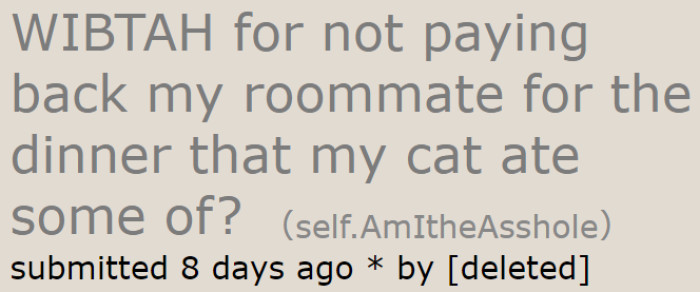 A cat owner faces a problem with a roommate after their cat at the latter's food.