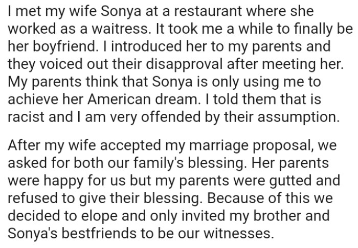 Her parents were happy for them, but OP's parents were gutted and refused to give their blessing