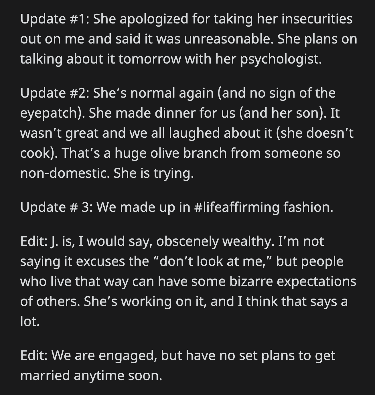 OP posted an update. She and J made up. J apologized to OP by making them dinner and promising she would talk to her psychologist about what happened.