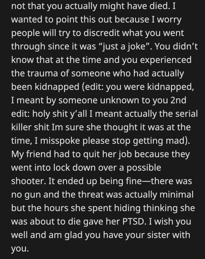 Actually, she initially had no idea that it was all planned. She actually thought she was getting kidnapped by men who will harm her. It was all real for OP.