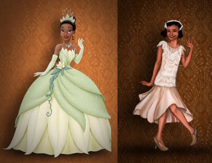 Compare Tiana's outfits.