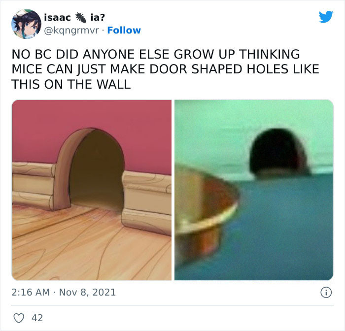 20. Jerry in Tom and Jerry sure did place that misconception in our own homes. Can’t imagine an actual door shaped holes in our own homes though.