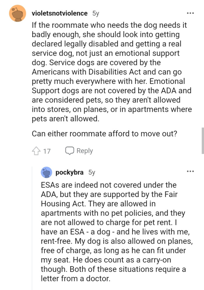 Emotional Support Dogs are not covered by ADA, according to this Redditor